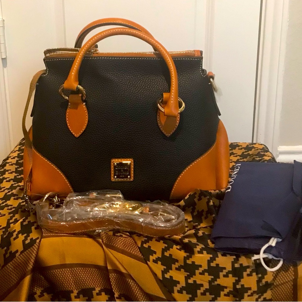 NWT Dooney & Bourke Black Pebbled Leather Satchel with Cognac Florentine Trim